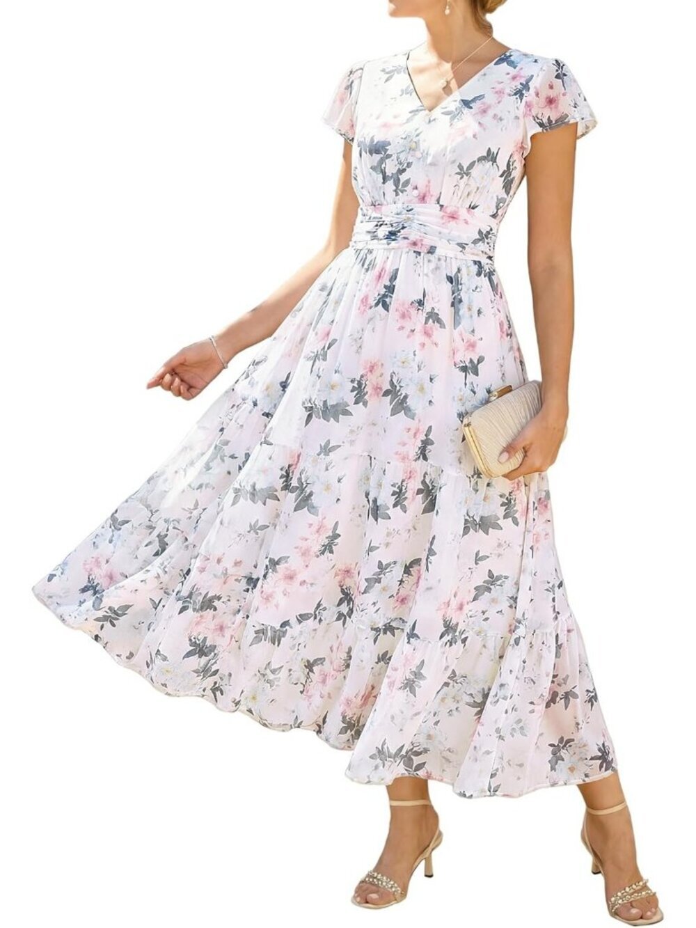 Women's White With Pink Blue Flowers  Short Sleeve Floral Formal Flow Maxi Dress